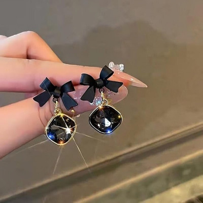 Jualiva Premium Gold-Plated CZ Diamond Black Bow Drop Earrings For Girls & Women Diamond, Cubic Zirconia Alloy Drops & Danglers