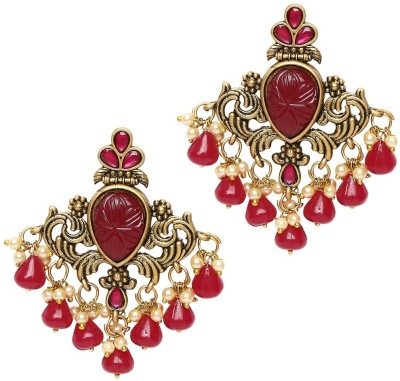 fabula Antique Gold Tone Red Maroon Stone with Beads Kundan Ethnic Beads, Crystal Alloy Drops & Danglers