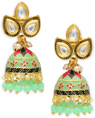 Oomph Mint Green Meenakari Kundan & Pearls Ethnic Jhumka Earrings Beads, Crystal Alloy Jhumki Earring