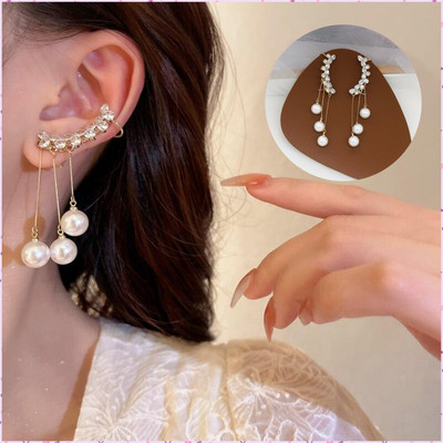 TVI Korean Studded Ear Cuff Pearl Tassel Drop Earrings For Women/Girls Cubic Zirconia Alloy Drops & Danglers