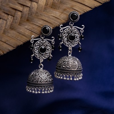 Sanseeta Black Stone Studded Silver Toned Brass Jhumka Zircon Brass Jhumki Earring