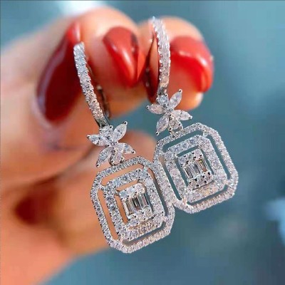 Jewels Galaxy Silver Plated American Diamond Iconic Luxury Geometric Drop Earrings Crystal Alloy Drops & Danglers