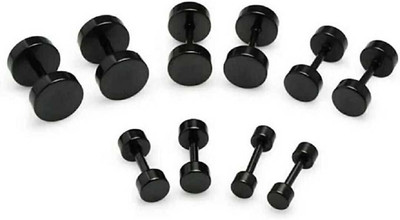 HOUSEOFTRENDZZ COMBO SETS OF DUMBLES EAR STUDS FOR MENS & WOMENS STAINLESS STEEL IN 5 SIZES (PACK OF 5 PAIRS) BLACK Metal Stud Earring