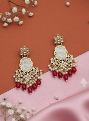 DHVANI Crimson Bloom of Royal Grace Pearl Alloy Drops & Danglers