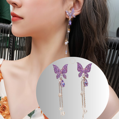 RAPPERSSHOP Zircon Butterfly Tassel Earrings for Women | Rhinestone Butterfly Drop Earrings Zircon Alloy Drops & Danglers, Stud Earring, Earring Set, Rhinestone Studs