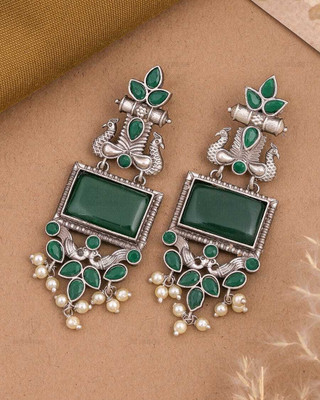 MM Immitation Peacock Design with Rectagulat shape Earrings with Monalisa Stone Alloy Jhumki Earring
