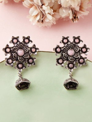 RUBANS Oxidized Silver-Plated Flower Jhumka Earrings with Pastel Pink Stones Brass Jhumki Earring