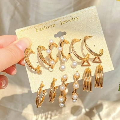 JDENTERPRISES Combo of 9 Pair Golden Triangle Pearl Stud / Twisted Hoop Earring For Women/Girl Pearl Alloy Hoop Earring