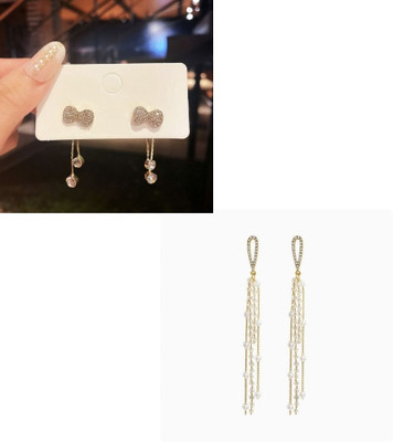 Celestria KOREAN STUDDED BOW TASSEL DROP EARRINGS FOR WOMEN AND GIRLS Alloy Drops & Danglers, Drops & Danglers
