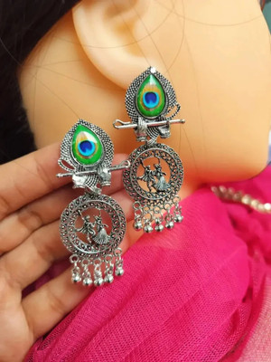 ABC Radha Krishna Oxidized Jhumka Earrings with Peacock Feather Studs Beads Alloy Drops & Danglers, Jhumki Earring, Plug Earring, Hoop Earring