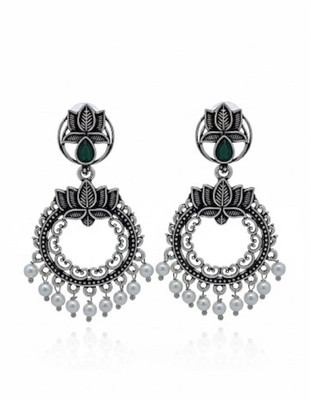 Zivaara Oxidised Silver Plated Hoop Earrings with Green Stone & Pearl Drops for Women Metal Jhumki Earring