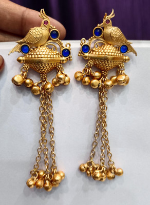 Toni collection Maina Kashmiri long earring Blue Sapphire, Crystal Brass Tassel Earring