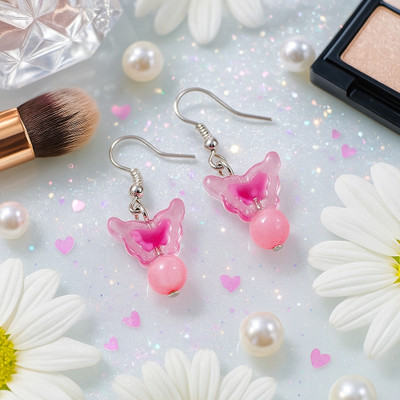 Resinbysona Pink Butterfly Charm Drop Earrings Plastic, Metal Stud Earring, Drops & Danglers