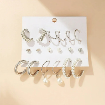 Vembley Combo Of Silver Plated 9 Pair Pearl, Stone, Hoops, And Stud Earrings Alloy Hoop Earring