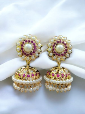 Rekha Jewellery Pearl Red Gems Round Design Tops With Pearl Copper Jhumki Earring