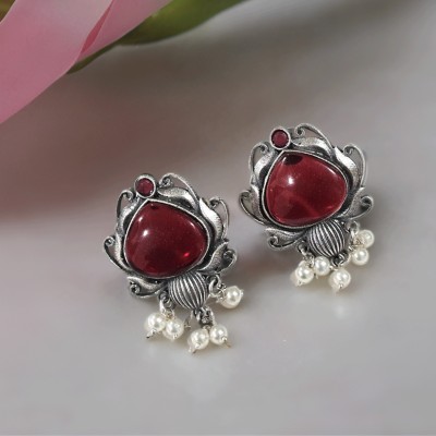 Mrigangi PREMIUM Oxidised Silver Stone Stud Earring Maroon Red Metal Stud Earring