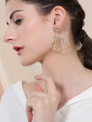 RUBANS Rhodium Plated Cubic Zirconia Studded Fan-Shaped Dangle Earrings Cubic Zirconia Brass Drops & Danglers