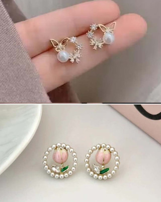 RV YUWON combo of 2 Pearl Butterfly Garland Stud Earrings for Women Korean Simple Cubic Zirconia, Pearl, Zircon, White Zircon Alloy Stud Earring