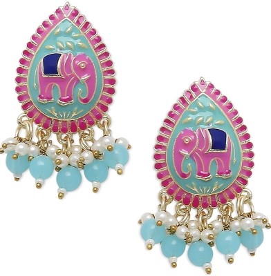 Oomph Pink & Turquoise Green Meenakari Elephant Design Ethnic Drop Beads, Crystal Alloy Drops & Danglers