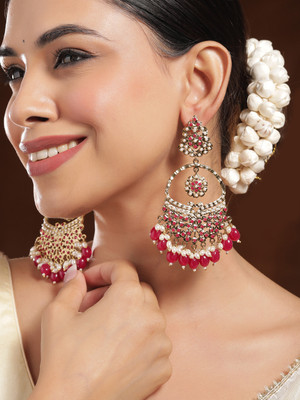 RUBANS Rubans 18K Mehandi Gold-Plated Red Beaded & Pearl Accented Chandbali Earrings Pearl Brass Drops & Danglers