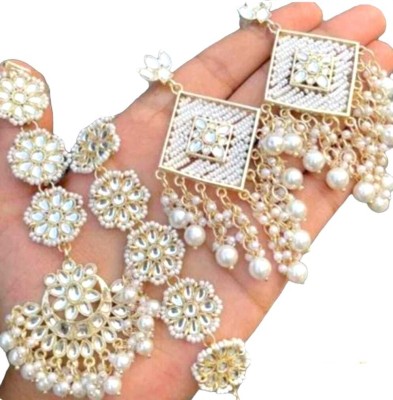 RIWAAH CREATIONS 22K whitegold plated Women trendy pearl kundan changbali-earing,mang-tika,meri Stainless Steel Chandbali Earring