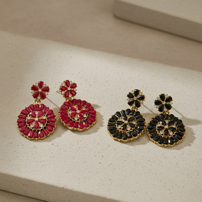 The MS Hub Pack of 2 Statement Earrings for Women & Girls | Black & Red Dangle Earrings Beads Alloy Drops & Danglers