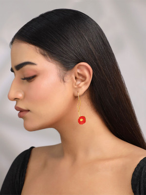 Qiroko Studio Fix Collection | Floral Dangler Long Earrings | Red and Gold Brass Ear Thread, Drops & Danglers
