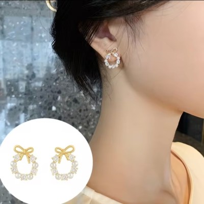 RV YUWON Trendy Round Crystal Wreath Bow Stud Earrings Cubic Zirconia Alloy Stud Earring