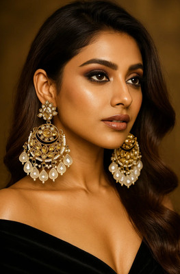 blimzo Gold plated white & gold kundan earring Pearl Alloy Chandbali Earring, Jhumki Earring