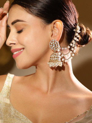 RUBANS Rubans 18K Gold-Plated Kundan & Zirconia Kan Chain Jhumka Earrings Brass Jhumki Earring
