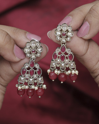Saloni Fashion Jewellery Brilliant Pear and Round Shape Gold Plated Ruby Kundan Stone Dangle Earring Cubic Zirconia Alloy Drops & Danglers