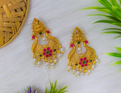 Nagneshi Art South Indian Temple Festive Bridal Ruby Pearl Gold Laxmi Peacock Chandbali Women Ruby, Pearl Alloy Jhumki Earring