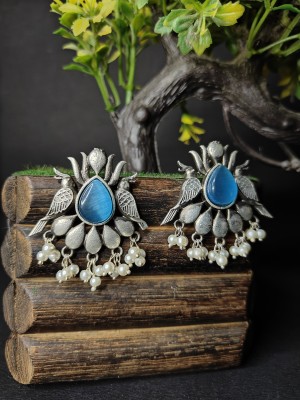 Zorkh Jewellery Women's Silver Oxidised Big Stud Earrings Pearl Brass Stud Earring, Drops & Danglers