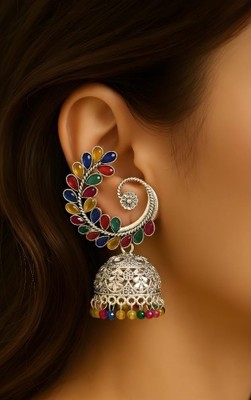 Good Shepherds Multicolour Peacock white dome big jhumka Alloy Drops & Danglers, Jhumki Earring, Earring Set