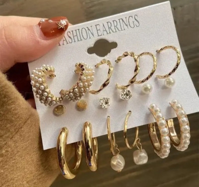 AZC CREATIONS Gold Plated Pearl & Hoop Earrings Combo Set, 9 Pairs Stylish Daily Wear, Alloy Stud Earring, Drops & Danglers, Hoop Earring, Earring Set