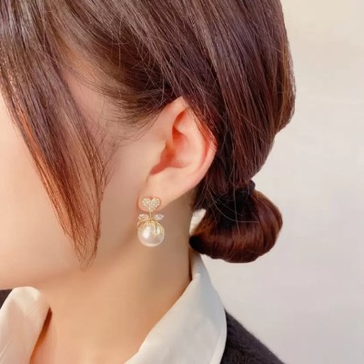 VSMARTHUB Korean Studded Bow Heart Big Pearl Drop Earrings For Women And Girls Pearl, Crystal, Cubic Zirconia, Diamond Alloy Drops & Danglers