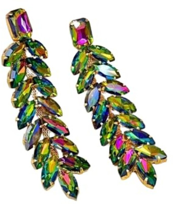 GCC Women’s Multicolor Crystal Leaf Long Drop Earrings – Party & Wedding Wear Crystal Alloy Drops & Danglers