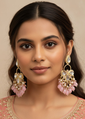 GetBling Traditional Kundan & Baby Pink Beads Chandbali Earrings for Women & Girls Beads, Sapphire Alloy Drops & Danglers