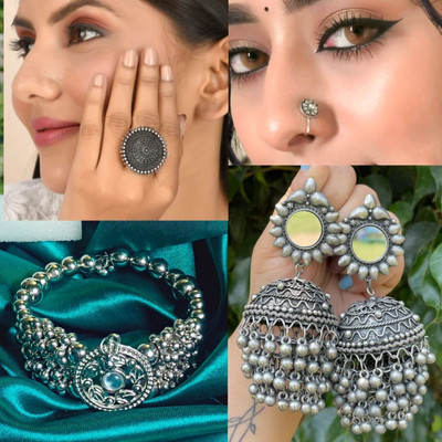 ISLANA 4pc of oxidised jhumka Earrings and brecelet with ring and nosepin Alloy Jhumki Earring