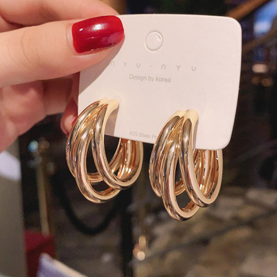 Vembley Korean Pair of Gold Plated Shiny Triple Hoop Earrings 2 Pcs/Set Metal Hoop Earring