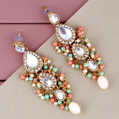 Lucky Jewellery Traditional Gold Plated Kundan Stone Light Peach Mint Earrings for Girls & Women Beads Alloy Drops & Danglers