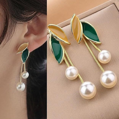 studio devishq Korean Style Enamel Leaf & Double Pearl Berry Drop Earrings Alloy Drops & Danglers