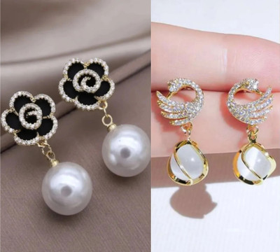 Saugaat Craft Western Wear Stylish Trending Combo Pack Of 2 Korean Earrings For Women Girls Cubic Zirconia, Crystal, Pearl Alloy Drops & Danglers, Rhinestone Studs, Stud Earring, Earring Set