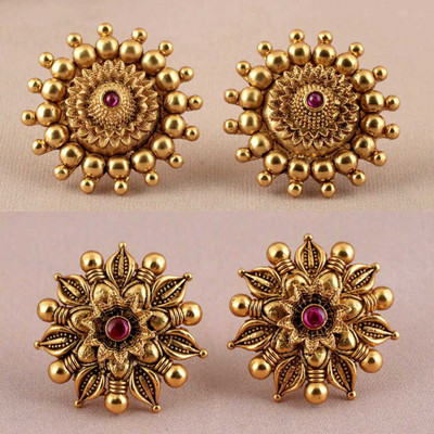 TOYONIX (Pack of 2) Stunning red stone antique gold stud earring Brass Stud Earring