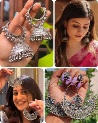 ISLANA Combo of 2 Oxidised Chandbali and Jumbo Earrings for Women & Girls Alloy Jhumki Earring