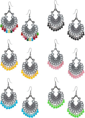 alysa Silver Oxidised Multicolor Chandbali Jhumka/Jhumki Earrings(Pack of 6) Alloy Chandbali Earring