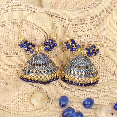 Anika's Creation Traditonal Gold Plated Enamelled Blue Dome Shape Jhumki With Bali Pearl Brass Jhumki Earring