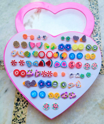 DIVINE 36 Pairs of Fruits shape Studs in a Pink Heart Shape box for Girls(1 Box) Plastic Stud Earring