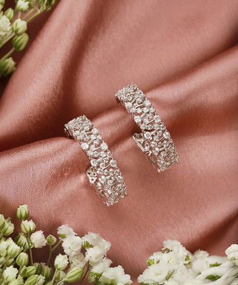 SARAF RS JEWELLERY White Plated Zircon Studded Minimal Half C Hoops Earrings Brass Drops & Danglers