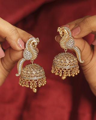 Saloni Fashion Jewellery Peacock Design Gold Plated CZ Studded Small Golden Balls Brass Jhumki Earring Cubic Zirconia Brass Jhumki Earring